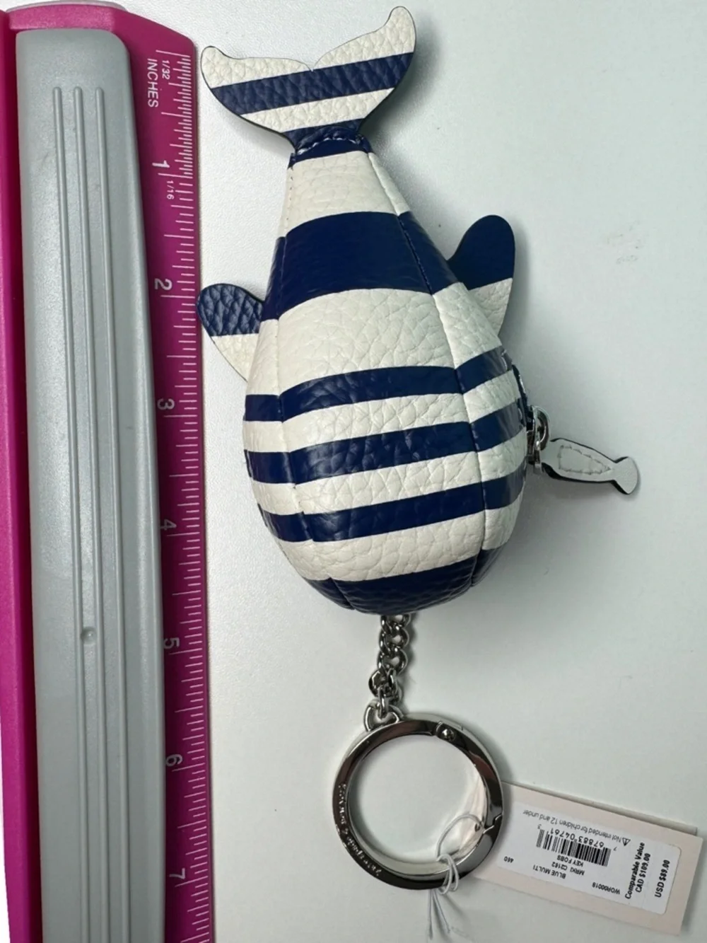 Kate Spade Navy & White Striped Whale Shore Leather Coin Purse Keychain Fob